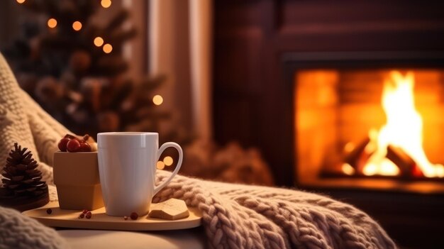 家の暖炉の前にあるソファの上の温かい飲み物のカップ