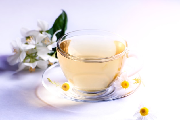 Cup of hot herbal tea with chamomile flowers against a light background