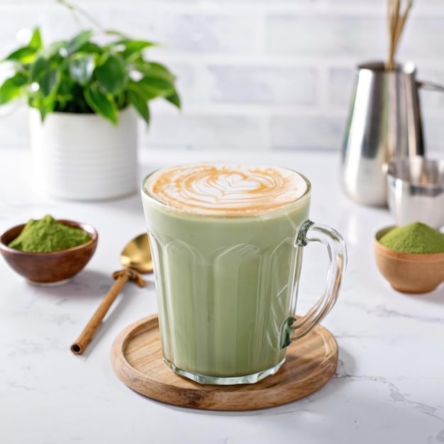 Photo a cup of hot matcha latte on the wood table