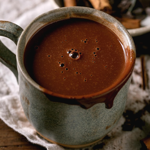 Cup of hot spicy chocolate winter drink