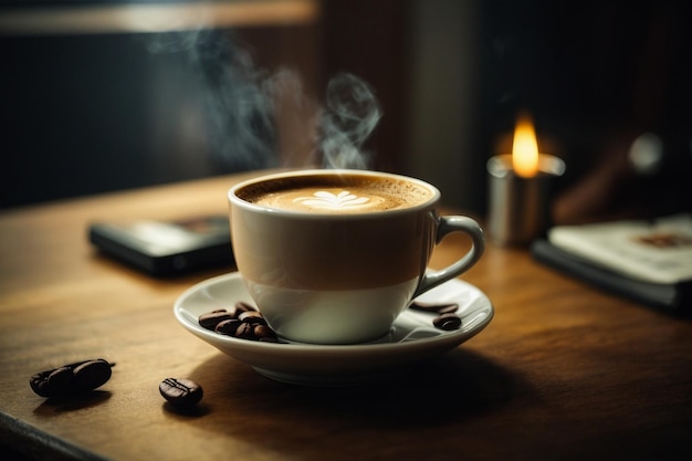 a cup of hot steaming coffee on a black background