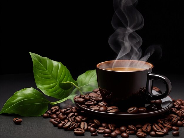 黒い背景の熱い蒸しコーヒーのカップ