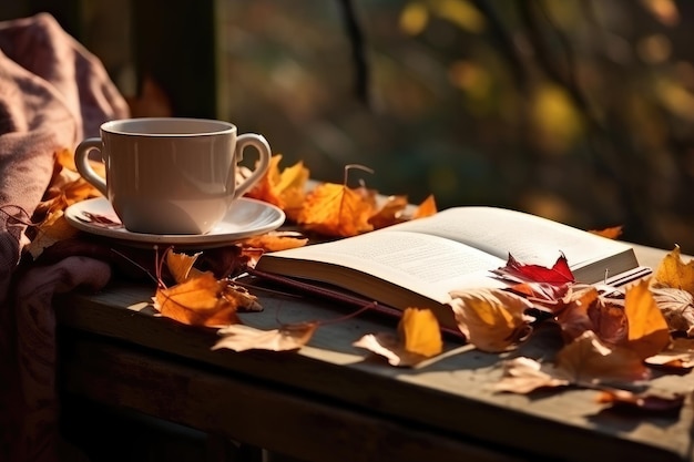Foto tazza di tè caldo e libro nel parco foglie autunnali ai generato