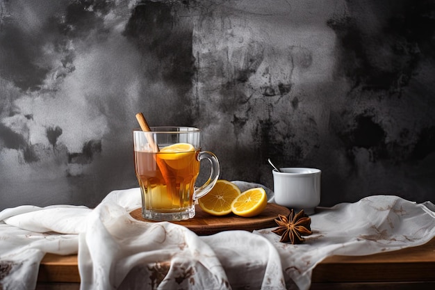 Чашка горячего чая, тростниковый сахар, сухие чайные листья и мятная трава