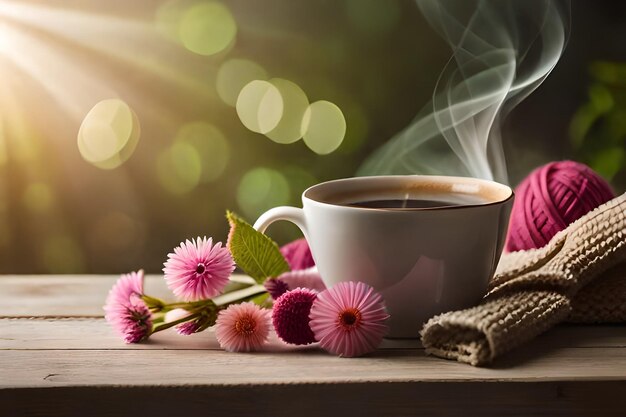 a cup of hot tea and flowers on a window sill.