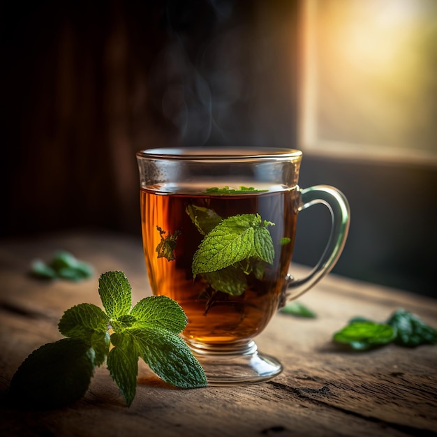 cup of hot tea and green mint on wood table background illustration images AI generated