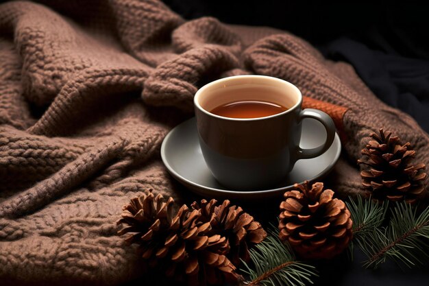 Cup of hot tea on knitted plaid with pine cones and fir branches