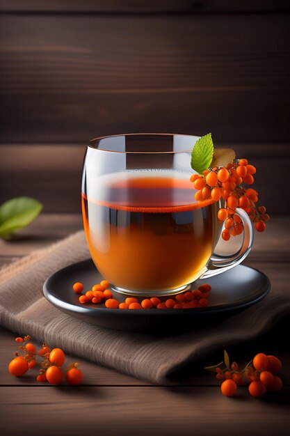 A Cup of hot tea sea buckthorn berries and a wool scarf on a dark wooden background