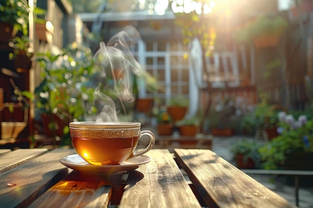 Cup of hot tea served on the wooden table with morning sunlight