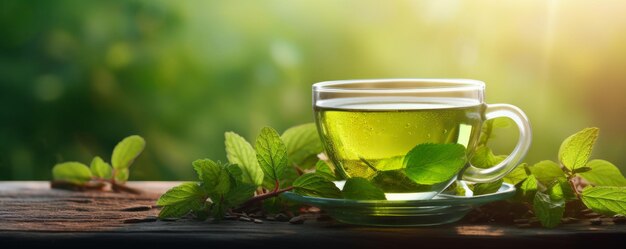 Cup of hot tea and tea leaf on the wooden table with tea plantations background banner Generative Ai