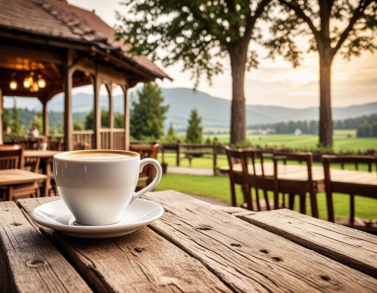 Photo cup of hot tea and tea leaf on the wooden table