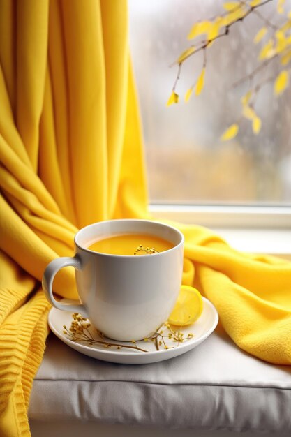 Cup of hot tea on window yellow plaid and curtain rain outside AI Generated