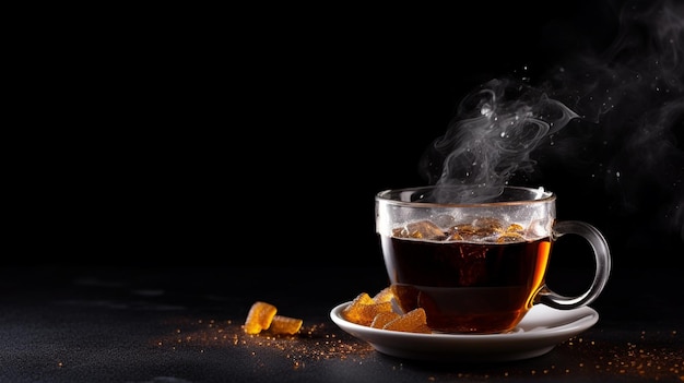 cup of hot tea with cinnamon and spices on dark background