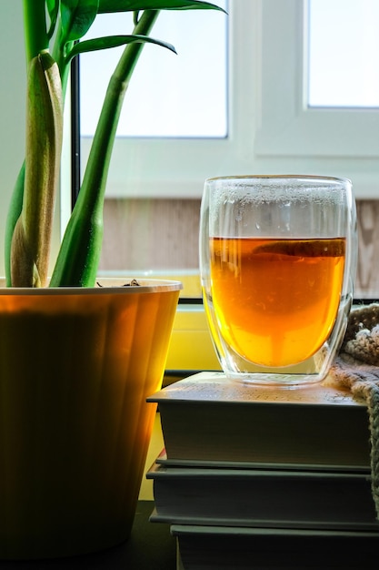 레몬이 든 뜨거운 차 한 잔이 책 더미 위의 창턱에 있고 컵에서 증기가 나옵니다. 녹색 식물과 노란색 꽃 냄비입니다. 태양열