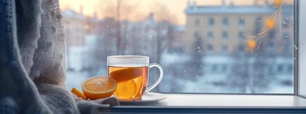 A cup of hot tea with lemon on the windowsill Banner place for text High quality photo