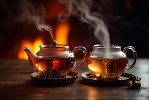 A cup of hot tea with smoke on the table generative ai