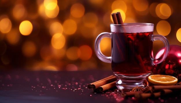 cup of hot tea with spices on bokeh lights background