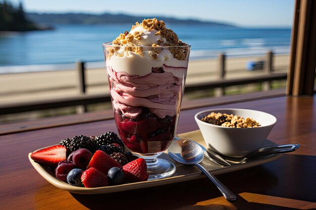 Cup of ice acai on sunny beach generative IA