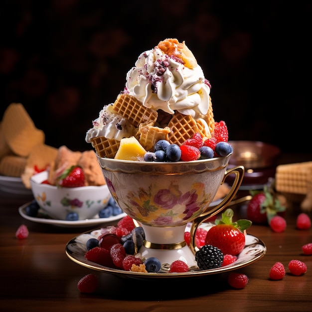 a cup of ice cream sits on a saucer with berries and other desserts.