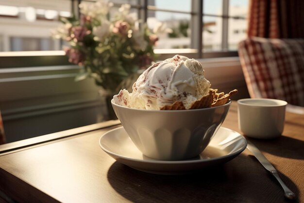 a cup of ice cream sits on a table next to a cup of ice cream.