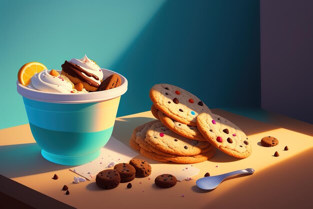 Photo a cup of ice cream with a blue container of cookies and a spoon with the word ice cream on it.