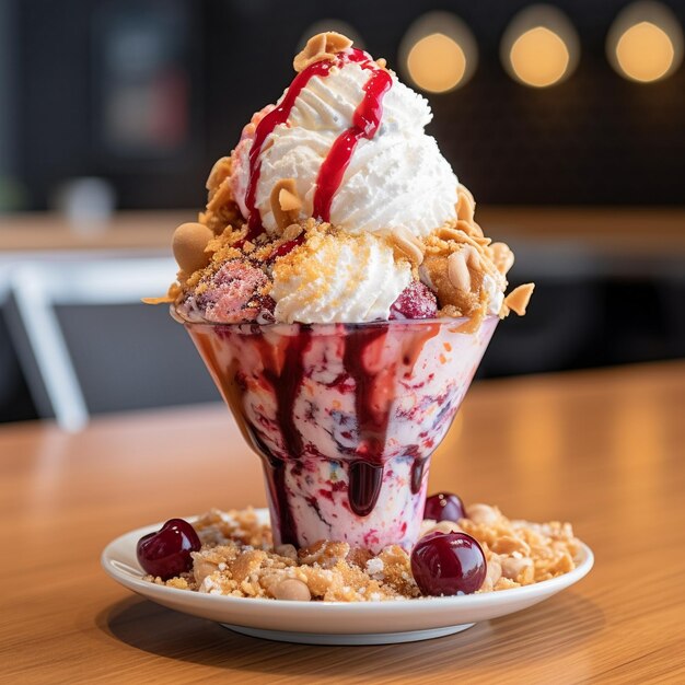 A cup of ice cream with a cherry on top.
