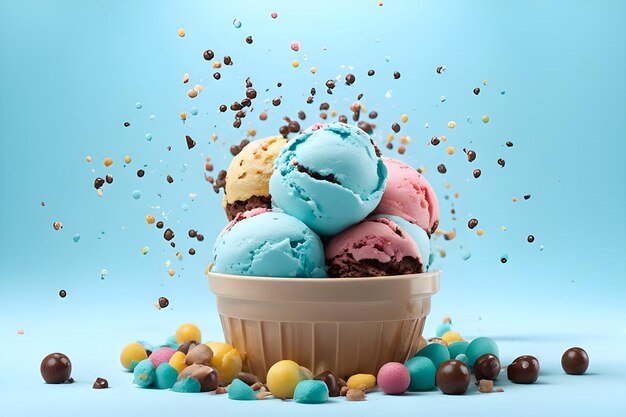 a cup of ice cream with chocolate chips and a blue background