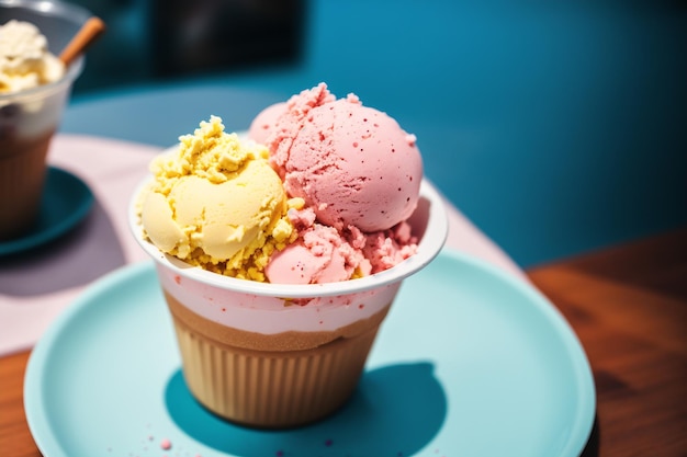 A cup of ice cream with a pink and yellow cone on top.