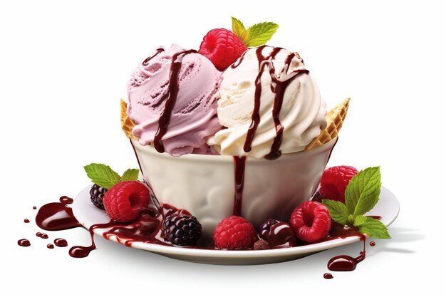 a cup of ice cream with raspberries and raspberries on top.