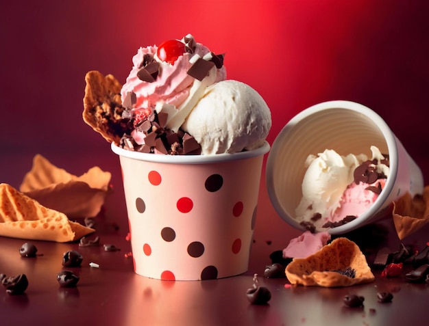 A cup of ice cream with a red polka dot pattern on the top.