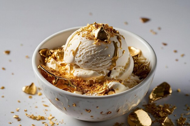 Photo a cup of ice cream with a sprinkle of edible gold flak