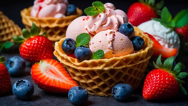 a cup of ice cream with strawberries and strawberries in it