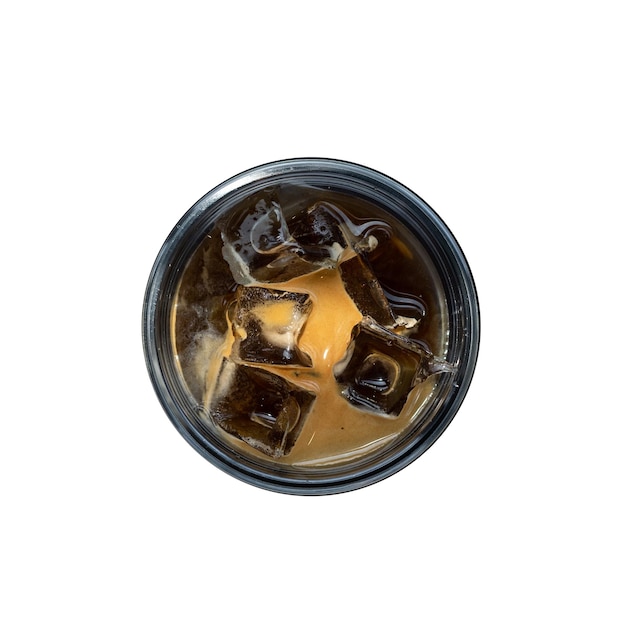 A cup of iced coffee with ice cubes in it