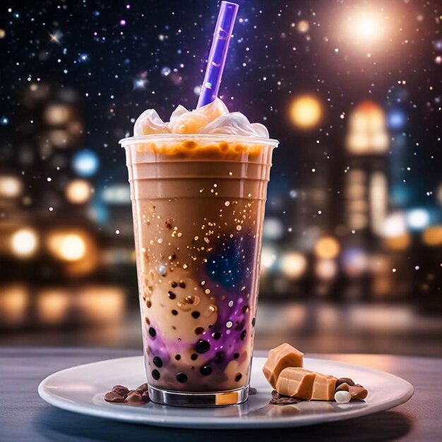 Photo a cup of iced coffee with a purple straw in the middle