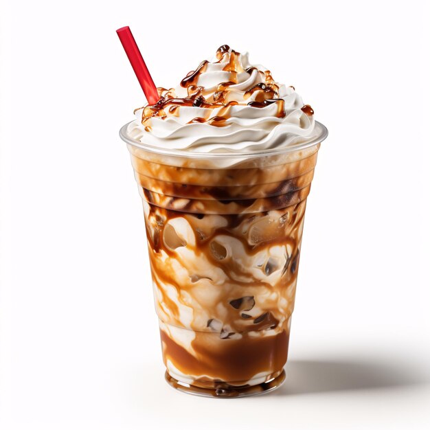 a cup of iced coffee with whipped cream and caramel sauce