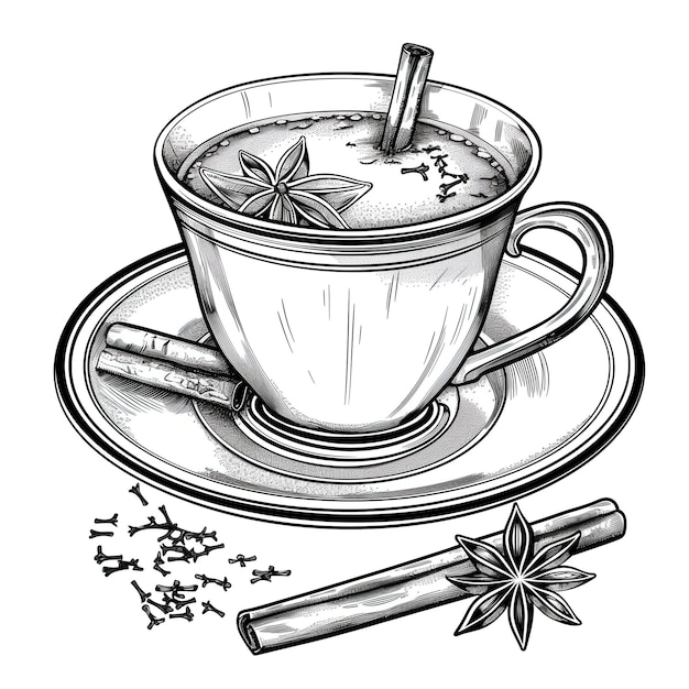 Foto coppa di menù di tè masala chai al latte indiano illustrazione su sfondo bianco disegno a linee isolate