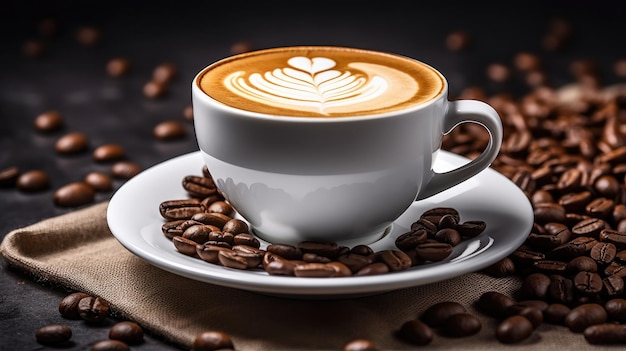 a cup of latte art coffee and coffee beans with different angle isolated white background