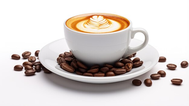 a cup of latte art coffee and coffee beans with different angle isolated white background