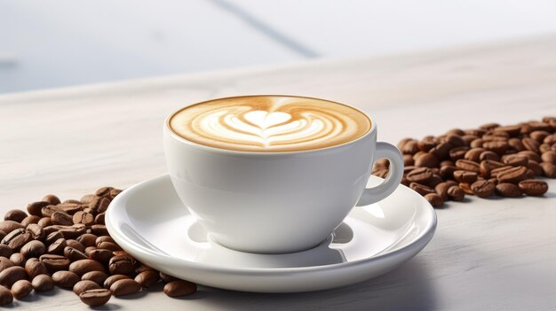 a cup of latte art coffee and coffee beans with different angle isolated white background