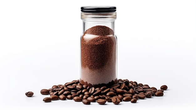 a cup of latte art coffee and coffee beans with different angle isolated white background