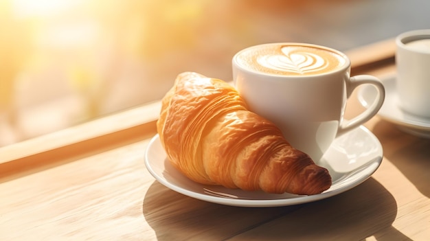 부드러운 햇빛이 비치는 아침에 나무 바닥 테이블에 놓인 라테 아트 커피 한 잔과 맛있는 크루아상