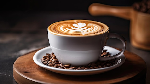 a cup of latte art is shown on a table.