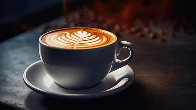 a cup of latte art is shown on a table.