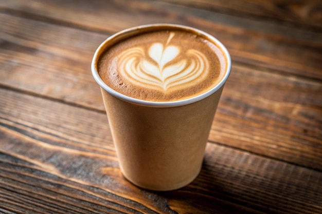 a cup of latte art is shown on a wooden table