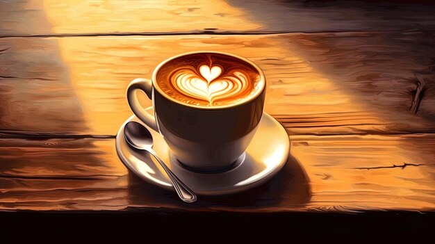 A cup of latte art is shown on a wooden table.