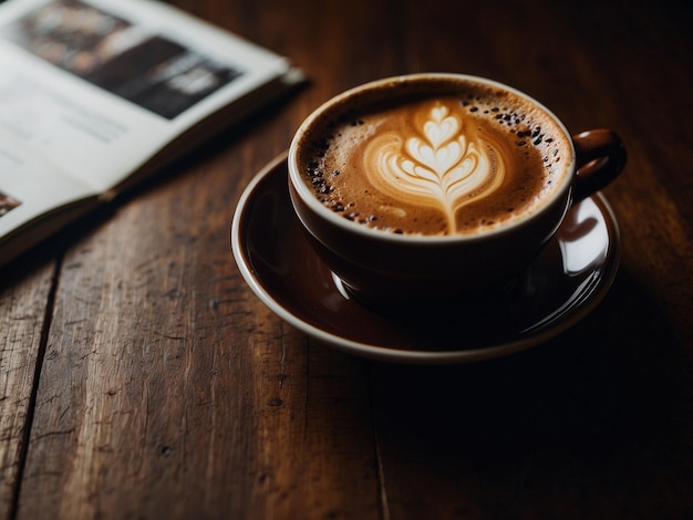 a cup of latte art is on a table next to a newspaper