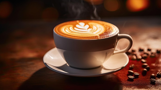 a cup of latte art is on a table