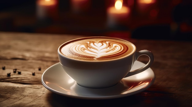 a cup of latte art is on a table.