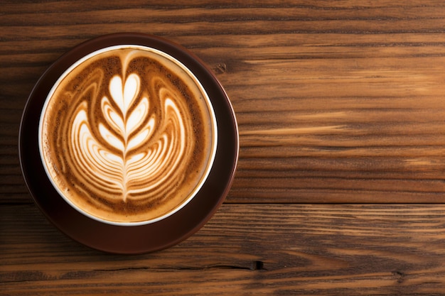 a cup of latte art is on a wooden table