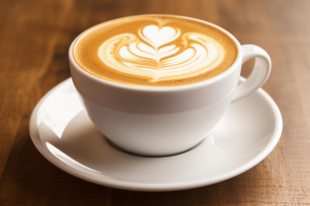 a cup of latte art sits on a saucer with a heart shaped design